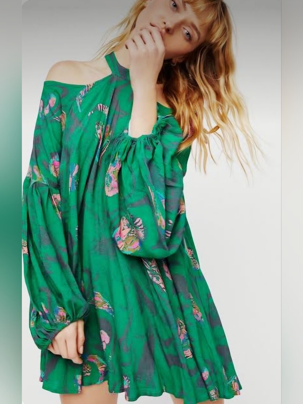 Free People Bohemian Drift Away Cold Shoulder Green  Floral Mini Tunic Dress, XS